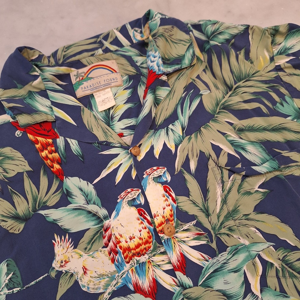 Vintage Paradise Found Hawaiian Shirt Sz Lg Parrot Tropical‎ Rayon Aloha AS IS